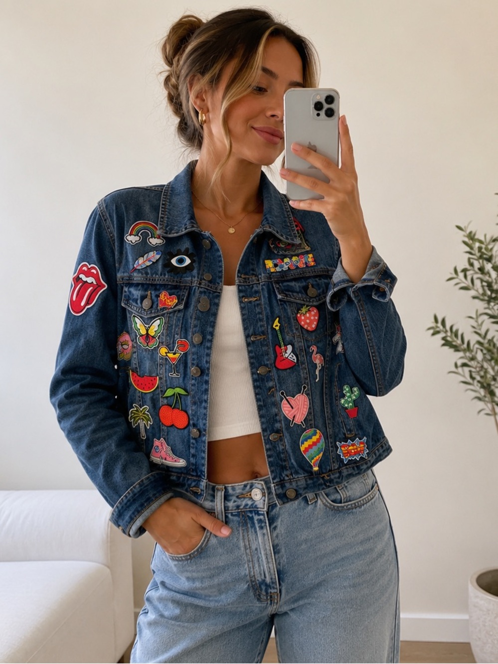 Denim Patchwork Jacket - Blue with Multi-Color Patches DIY size M
